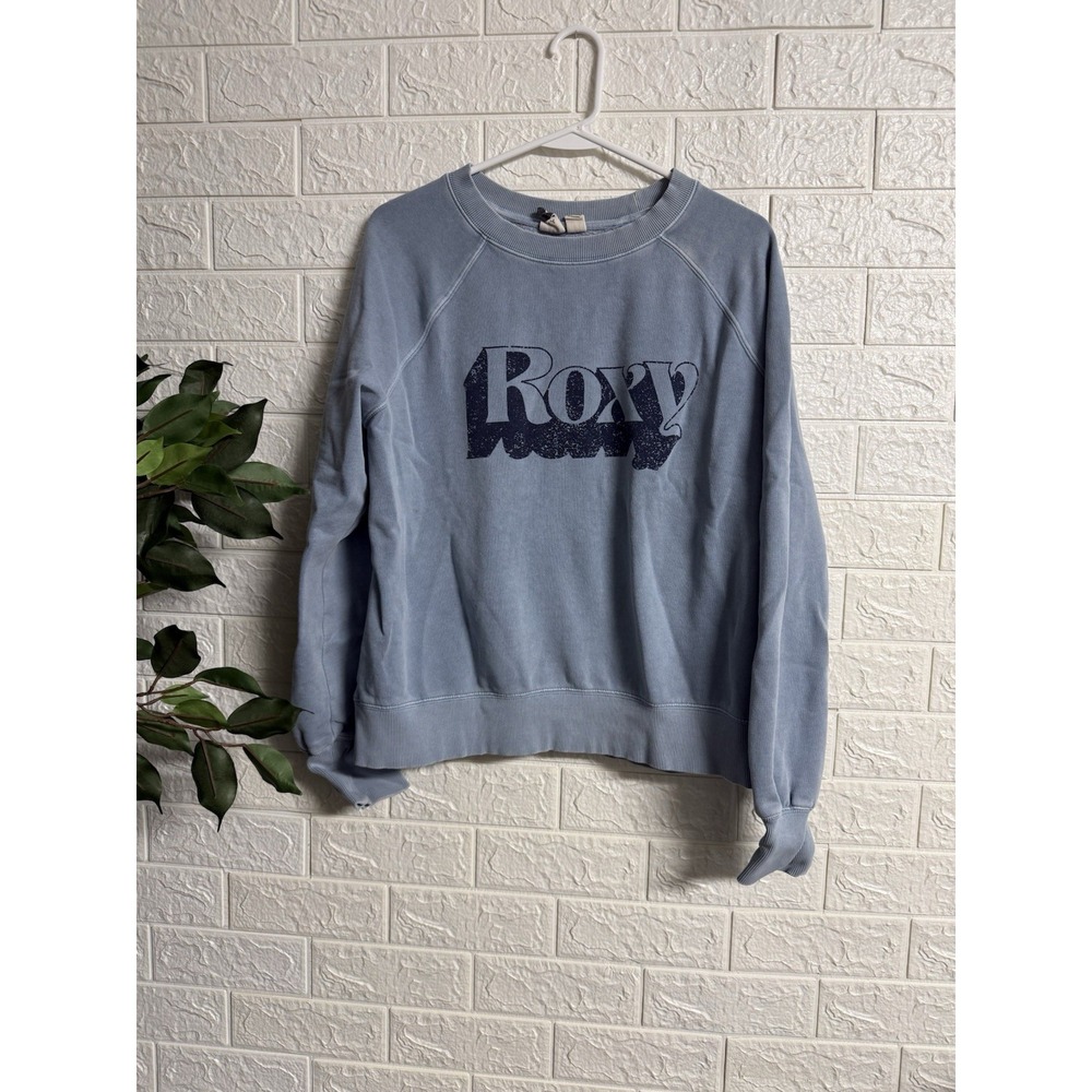 Roxy Crewneck Sweatshirt Womens Large Blue Logo Pullover Knit Raglan Sleeve